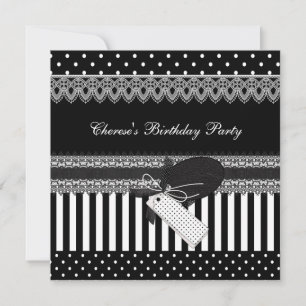 Birthday Party Black White Polka Dots Stripes Invitation