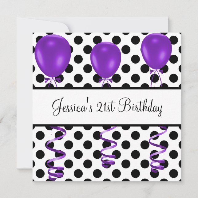 Birthday Party Black & White Spots Purple Balloons Invitation (Front)
