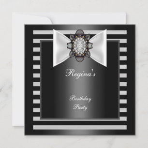 Birthday Party Black White stripe Bow Invitation