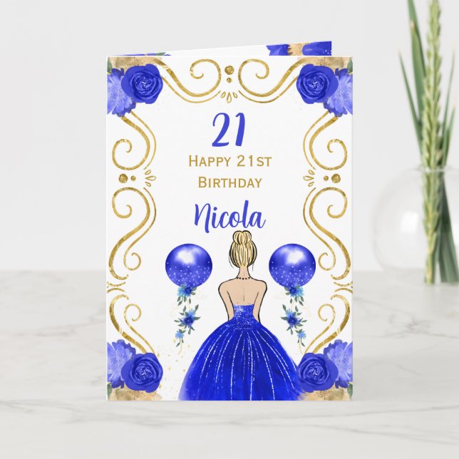 Birthday Party Blonde Princess Blue Happy Birthday Card (Front)
