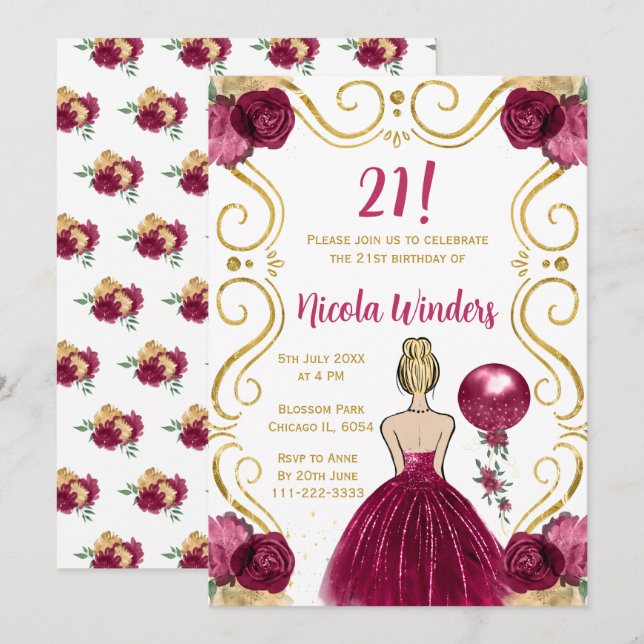 Birthday Party Blonde Princess in Burgundy Invitation (Front/Back)