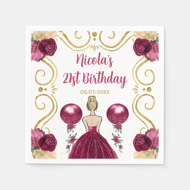 Birthday Party Blonde Princess in Burgundy Red Napkin (Front)