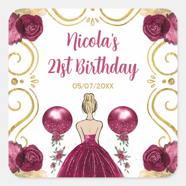 Birthday Party Blonde Princess in Burgundy Red Square Sticker (Front)