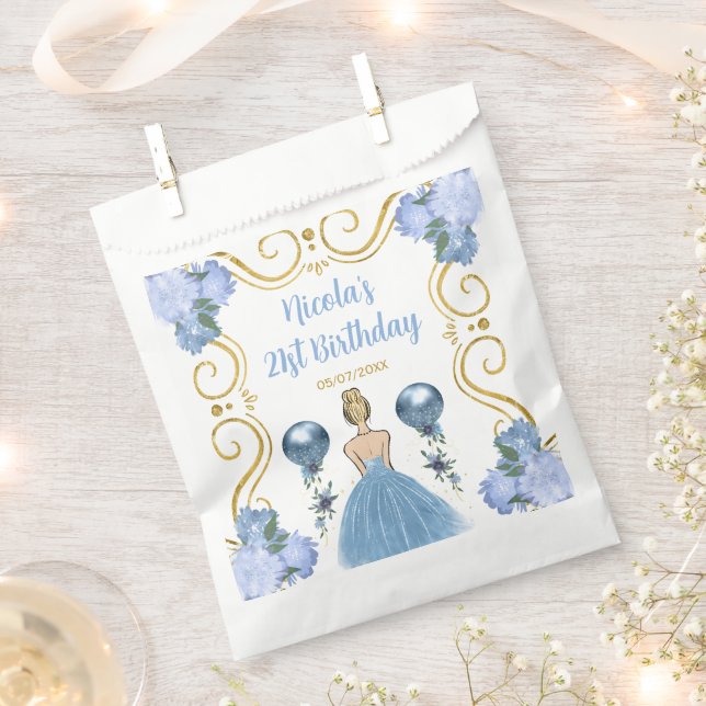 Birthday Party Blonde Princess in Dusty Blue Favour Bags (Clipped)