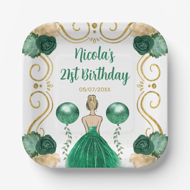 Birthday Party Blonde Princess in Green Paper Plate (Front)