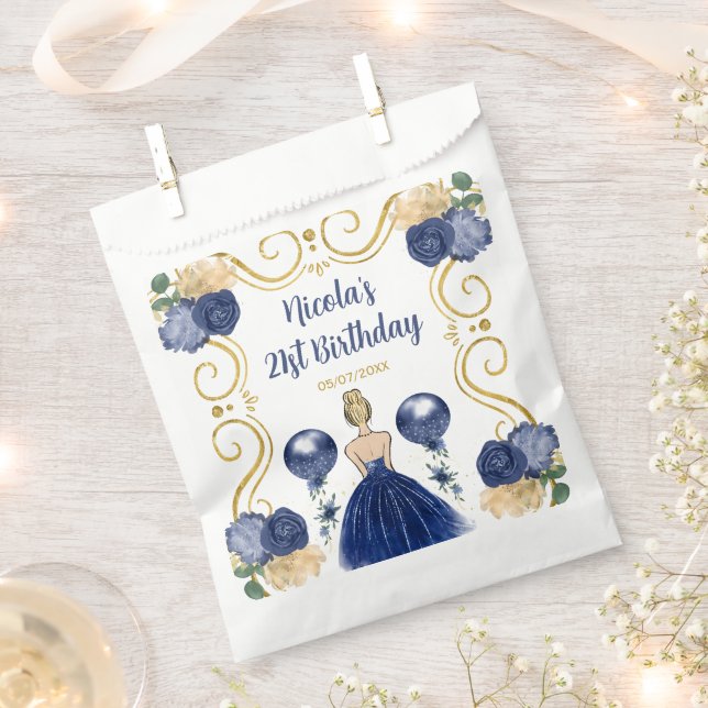 Birthday Party Blonde Princess in Navy Blue Favour Bags (Clipped)