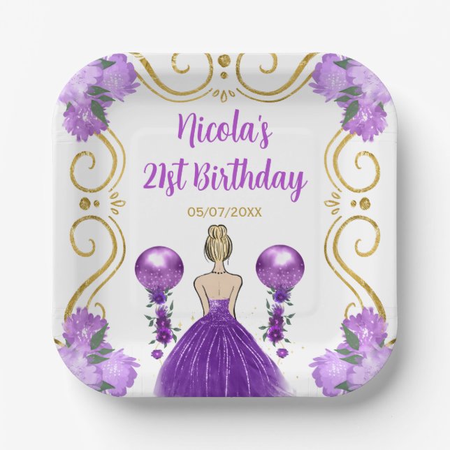 Birthday Party Blonde Princess in Purple Paper Plate (Front)