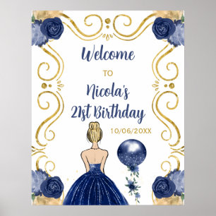 Birthday Party Blonde Princess Navy Welcome Poster