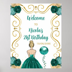 Birthday Party Blonde Princess Teal Welcome Poster
