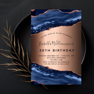 Birthday party blue agate marble rose gold luxury invitation