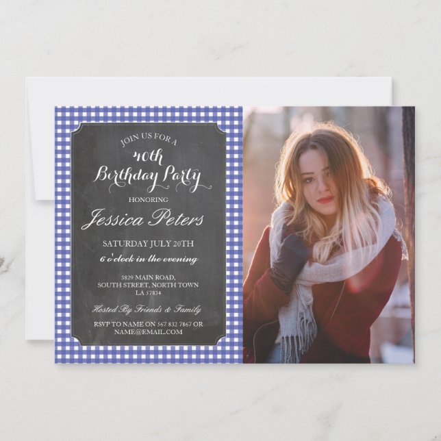 Birthday Party Blue Check Rustic Chalk Photo Invitation (Front)