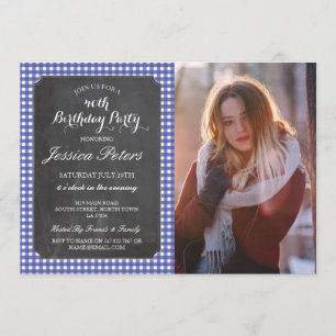 Birthday Party Blue Check Rustic Chalk Photo Invitation