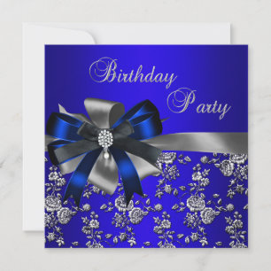 Birthday Party Blue Damask Pearl Silver Black Invitation