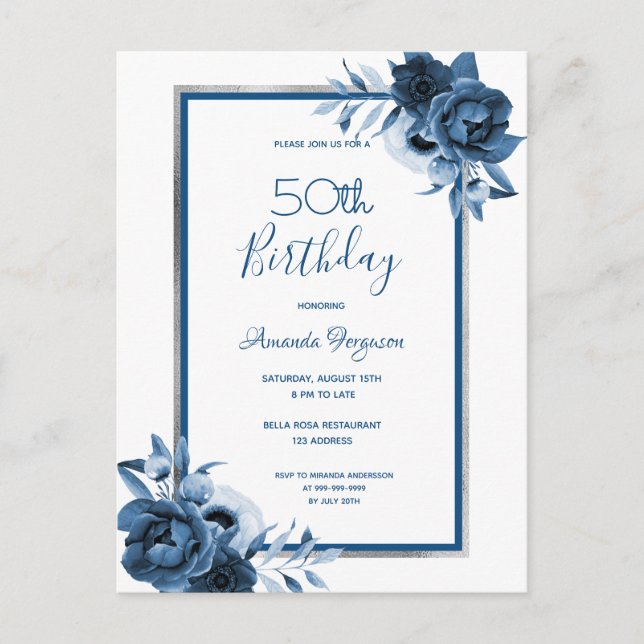 Birthday Party blue florals white invitation Postcard (Front)