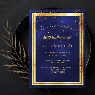 Birthday party blue gold confetti sprinkle invitation