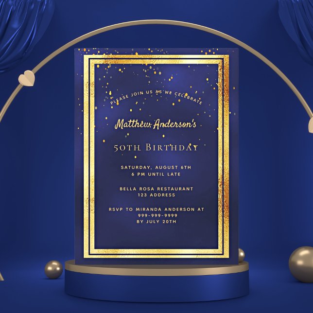 Birthday party blue gold shiny invitation postcard (Creator Uploaded)