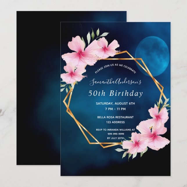 Birthday party blue moon pink florals geometric  invitation (Front/Back)