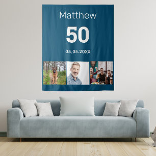 Birthday party blue photo name man tapestry