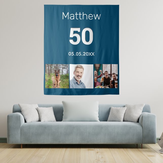 Birthday party blue photo name man tapestry (Creator Uploaded)