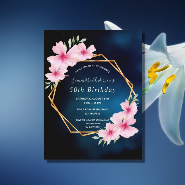 Birthday party blue pink florals invitation postcard (Creator Uploaded)