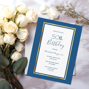 Birthday party blue white gold simple invitation postcard