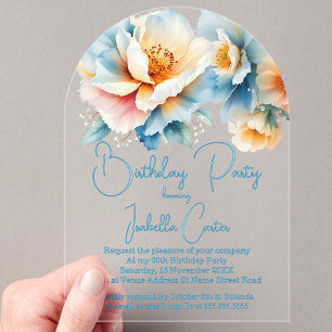 Birthday Party Blue Yellow White Flowers Acrylic Invitations