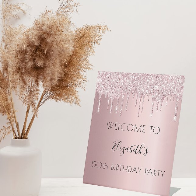 Birthday party blush pink glitter drips welcome pedestal sign (Creator Uploaded)
