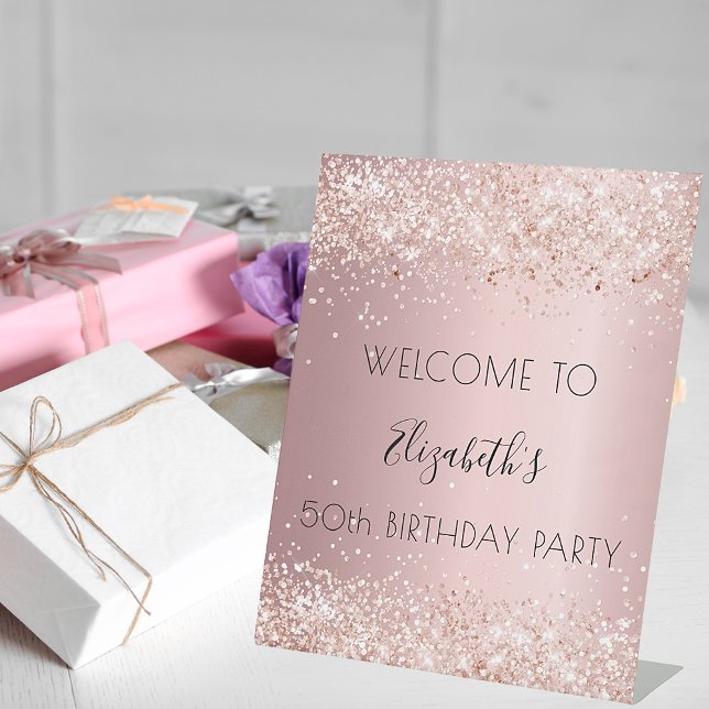 Birthday party blush pink glitter dust welcome pedestal sign (Creator Uploaded)