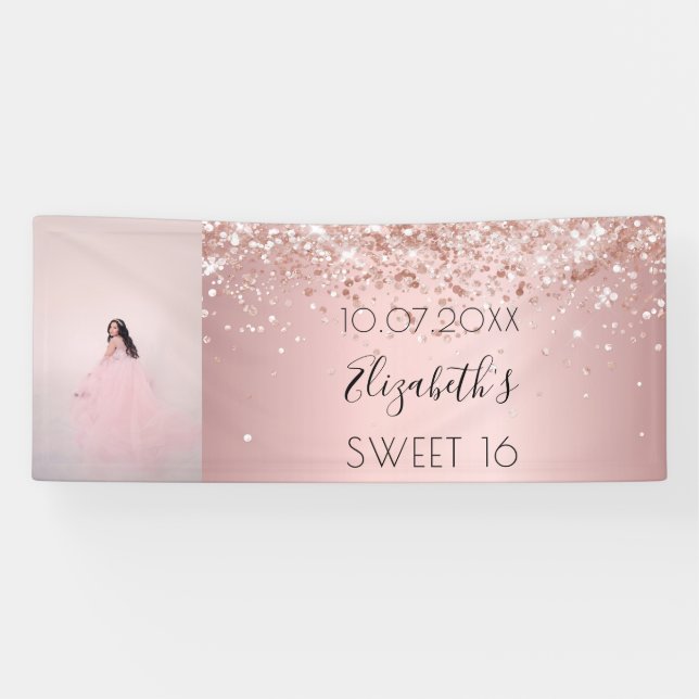 Birthday party blush pink glitter photo welcome banner (Horizontal)