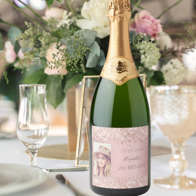 Birthday party blush pink rose glitter dust photo sparkling wine label (Creator Uploaded)