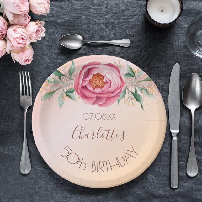 Birthday party blush pink rose gold floral paper plate (Creator Uploaded)