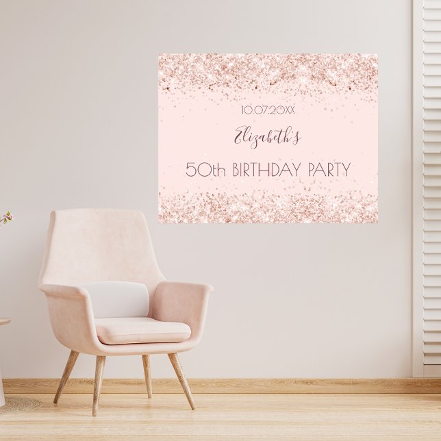 Birthday party blush pink rose gold glitter name poster (Creator Uploaded)