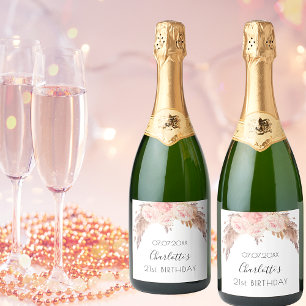 Birthday party blush rose floral pampas grass name sparkling wine label