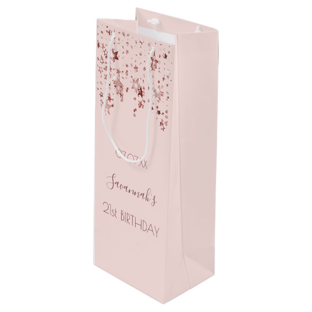 Birthday party blush rose gold stars name wine gift bag (Front Angled)