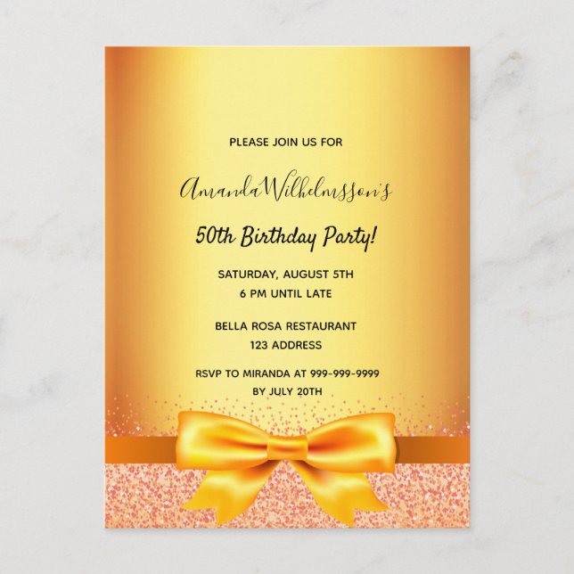 Birthday party bow rose gold glam invitation postcard (Front)