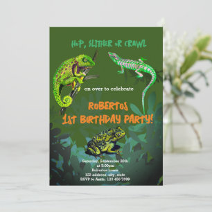 Birthday party boy chameleon, lizard, frog invitation