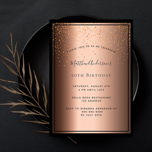 Birthday Party bronze brown black confetti Invitation (Creator Uploaded)