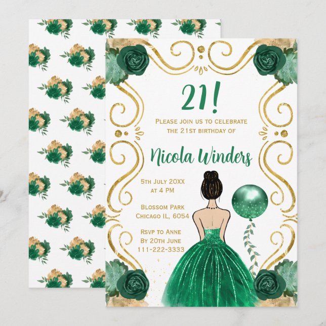 Birthday Party Brown Hair Princess in Green Invitation (Front/Back)