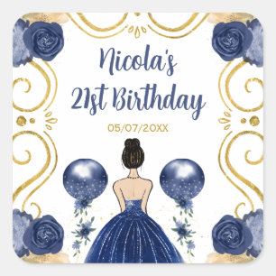 Birthday Party Brown Hair Princess in Navy Blue Square Sticker