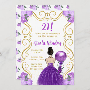 Birthday Party Brown Hair Princess in Purple Invitation