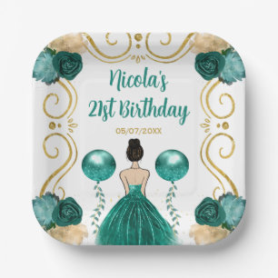 Birthday Party Brown Hair Princess in Teal Paper Plate