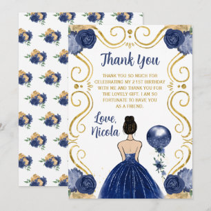 Birthday Party Brown Hair Princess Navy Thank You Card