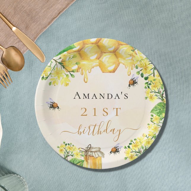 Birthday party bumble bees honey yellow florals paper plate (Creator Uploaded)