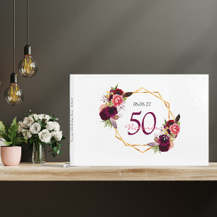 Birthday party burgundy floral geometric white guest book