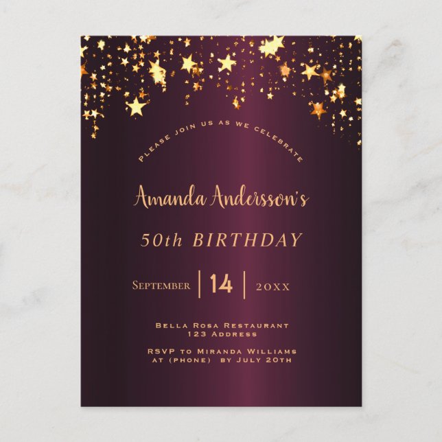 Birthday party burgundy gold stars postcard (Front)