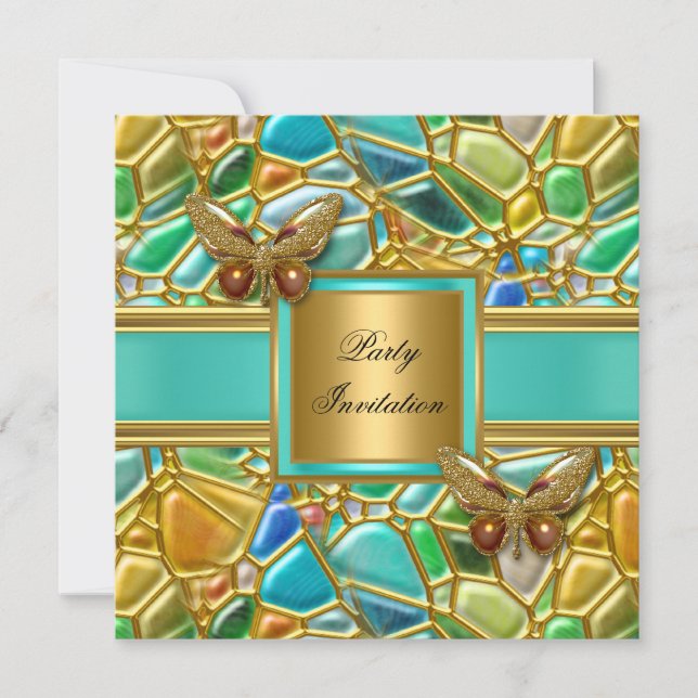 Birthday Party Butterfly Gold Aqua Blue Mosaic Invitation (Front)