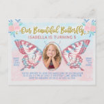 Birthday Party Butterfly Photo Girls Cute Kid Pink Invitation Postcard<br><div class="desc">These gorgeously unique birthday party invitation postcards transform your child into a magical butterfly! The pretty design has a vintage fairy-tale look in whimsical shades of pink, blue, and gold. Your child's photo fills the centre of the butterfly wings. The cute design is made in watercolor with faux (printed) glitter...</div>