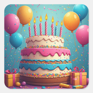 🎂 Birthday Party Cake With Presents And Balloons Square Sticker