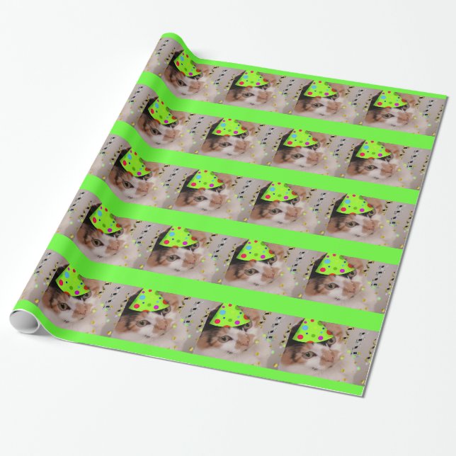 Birthday Party Calico Cat Wrapping Paper (Unrolled)