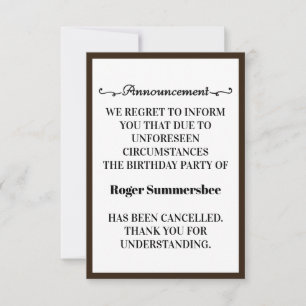 Birthday Party Cancellation Announcement Cards